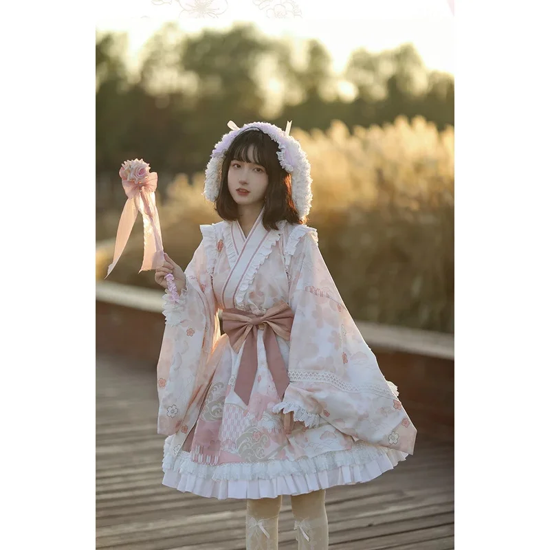 

FC6Haruhi Op Design Pink Lolita Dress Loose Lace Bow Maid Cherry Blossom Print Large Sleeves Japanese Kimono Autumn@FC8！