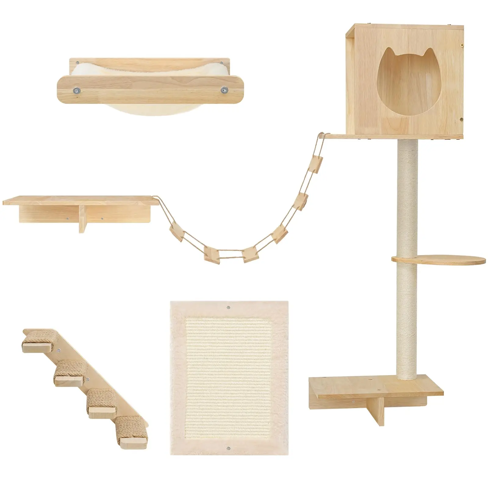 

Hot Sales Sustainable Cat Wall Mounted Frame Shelves And Hammock Platform Wood Tree Furniture Set For Pet Climbing Wall