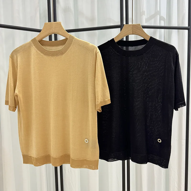 

2024ss New Commuting Style Solid Color Round Neck Silk Cashmere Knitted Short sleeved Women's T-shirt Pullover Top