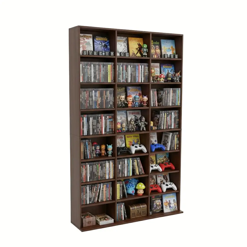 8-Tier Media Storage Cabinet, Tall Wooden CD Rack Organizer, Freestanding Media Display Shelf Tower for Video Games