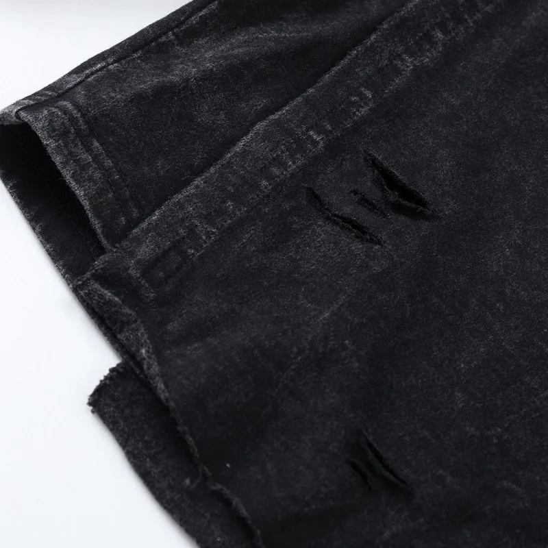 Men's Perforated Pure Cotton Casual Shorts Summer Men's Letter Printing Wash Vintage Streetwear Hip Hop Shorts