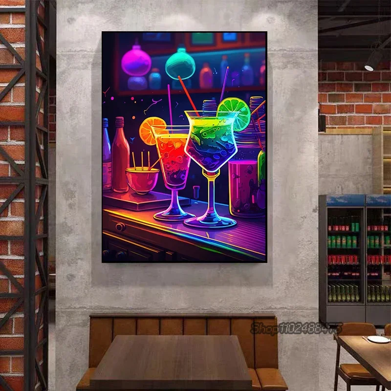 2026 Colorful Neon Cocktail Drink Poster and Print Canvas Painting Abstract Wall Art Pictures Bar Club Restaurant Kitchen Room