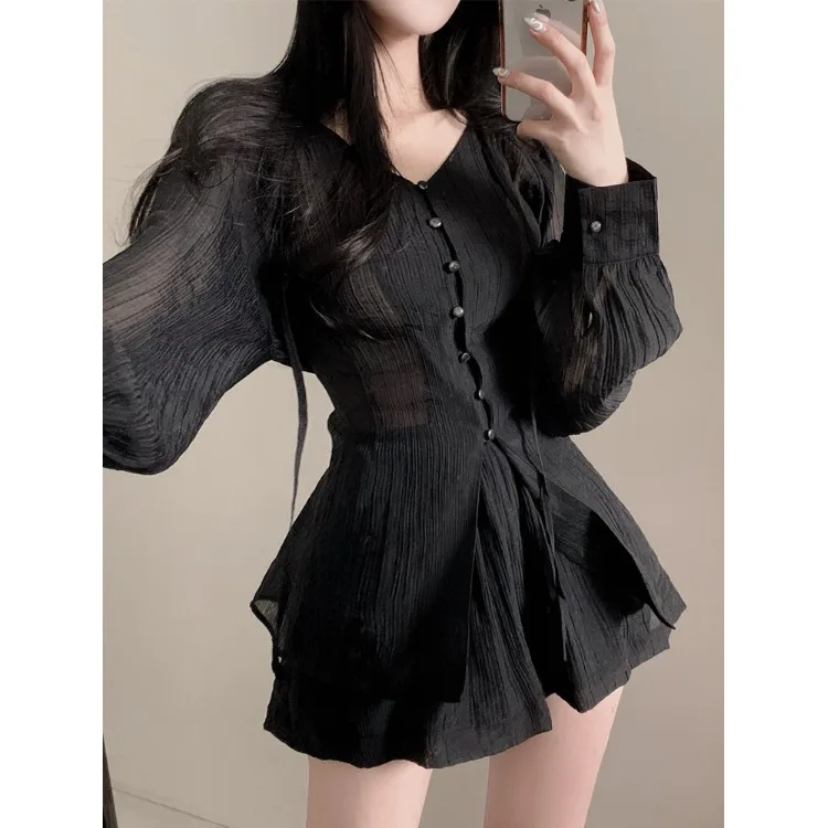 Elegant Short Sleeve Shirt And Half-length Shorts Two-piece Set for Small Women Autumn Fashion Women's Clothing Ensemble