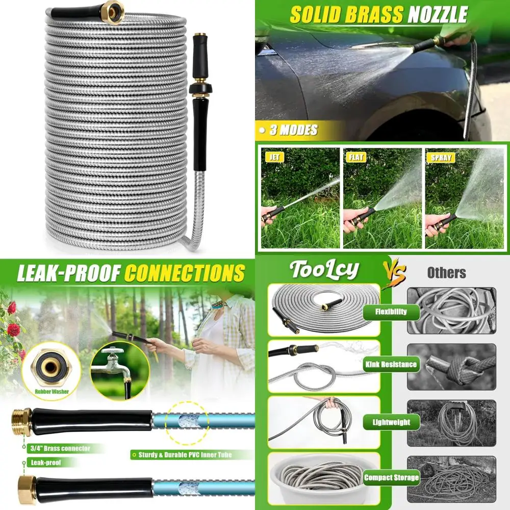 

Stainless Steel 100FT Garden Hose with Brass Nozzle - Heavy Duty, Flexible, Kink-Free, Durable Water Hose for Outdoor Use