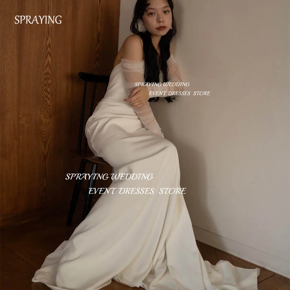 

SPRAYING Elegant Strapless Satin Wedding Dress Photoshoot Floor-Length Long Bridal Gown Tulle Sleeve ウェディングドレス Corset and Zip