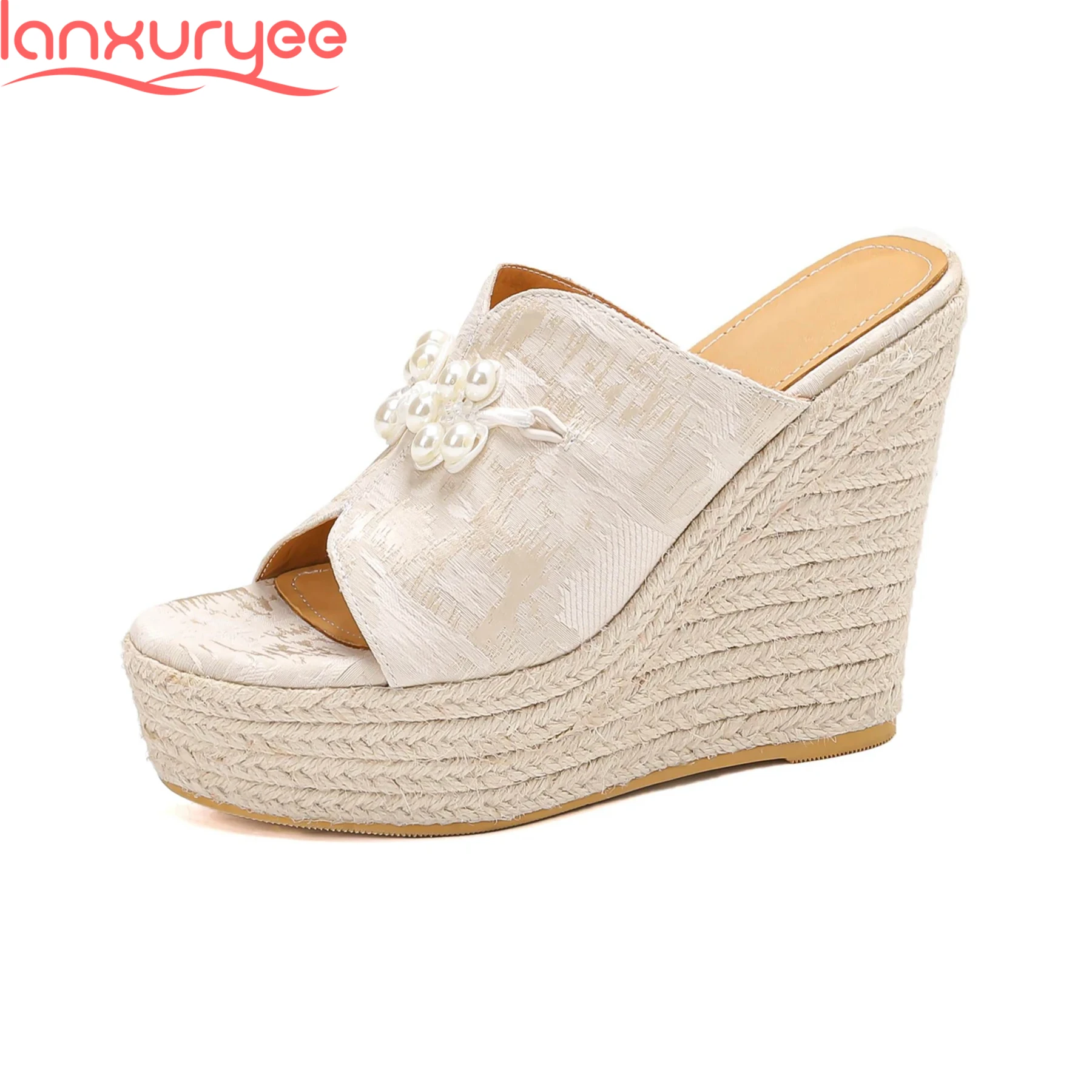 

Lanxuryee 12cm Super High Cow Split Leather Peep Toe Summer Shoe Slingback Mules Pearl Wedges Straw Party Platform Women Sandals