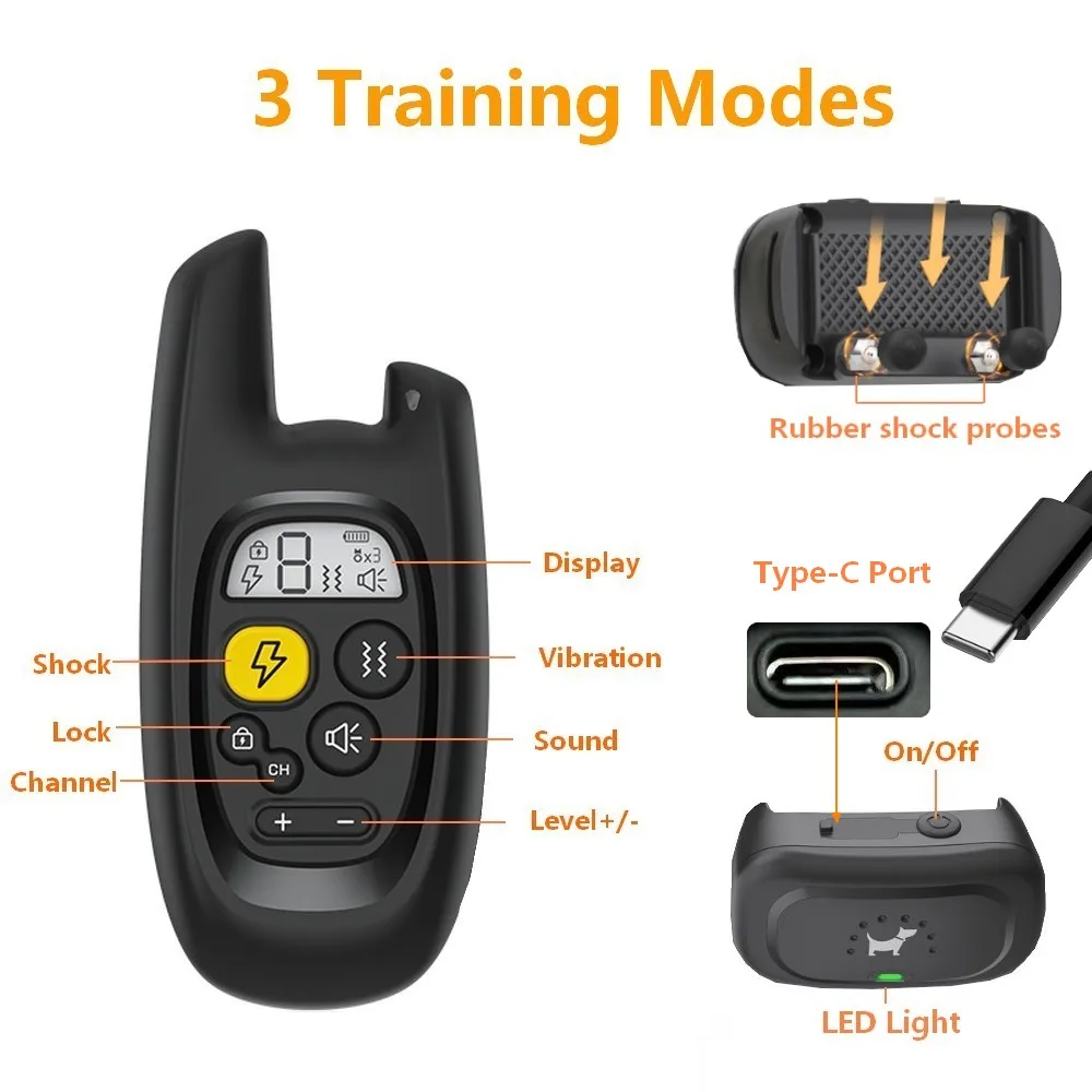 1600FT Pet Dog Training Collar Waterproof Rechargeable Remote Control 3 Modes Beep Vibration Shock TypeC Charging Keypad Lock