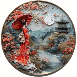 Premium Aluminum Traditional Round Flat Sign, Elegant Woman Kimono Artwork for Office Room, Home Door Decorations, 8in, 11.8in