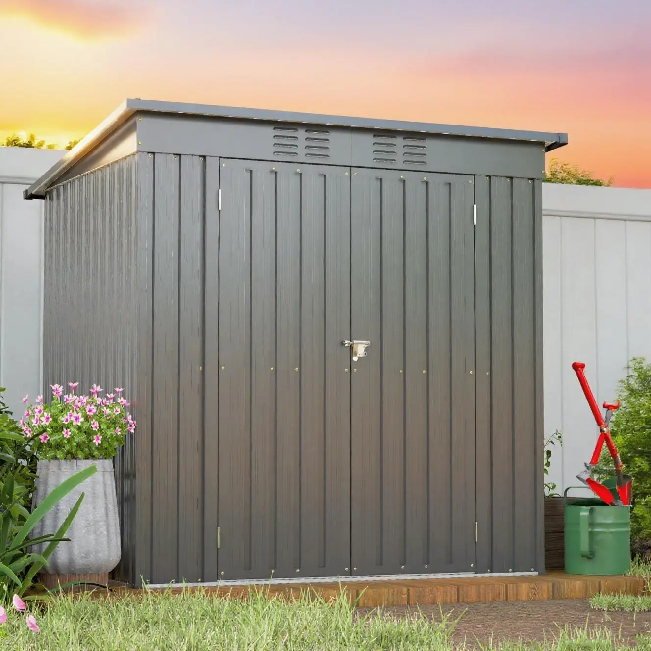 

Металлический сарай для хранения на открытом воздухе 6x4 фута, со скатной крышей, с замком, напольным каркасом, всепогодный, для сада, двора, патио, газона, на заказ