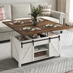 Farmhouse Lift Top Coffee Table with Sliding Barn Door,Rustic Center Table with Hidden Storage Compartment,Storage Coffee Table