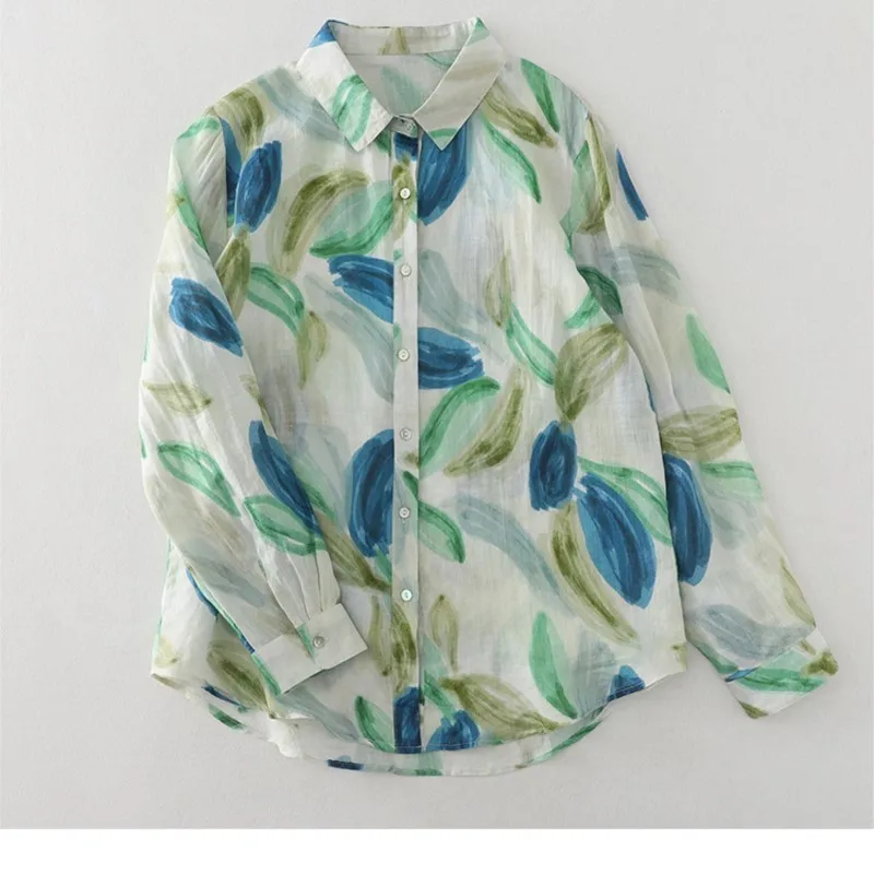 Women Cotton Linen Floral French Artistic Print Shirt Top For Autumn Casual Button Long Sleeve Pink Blouse Korean Style Clothes