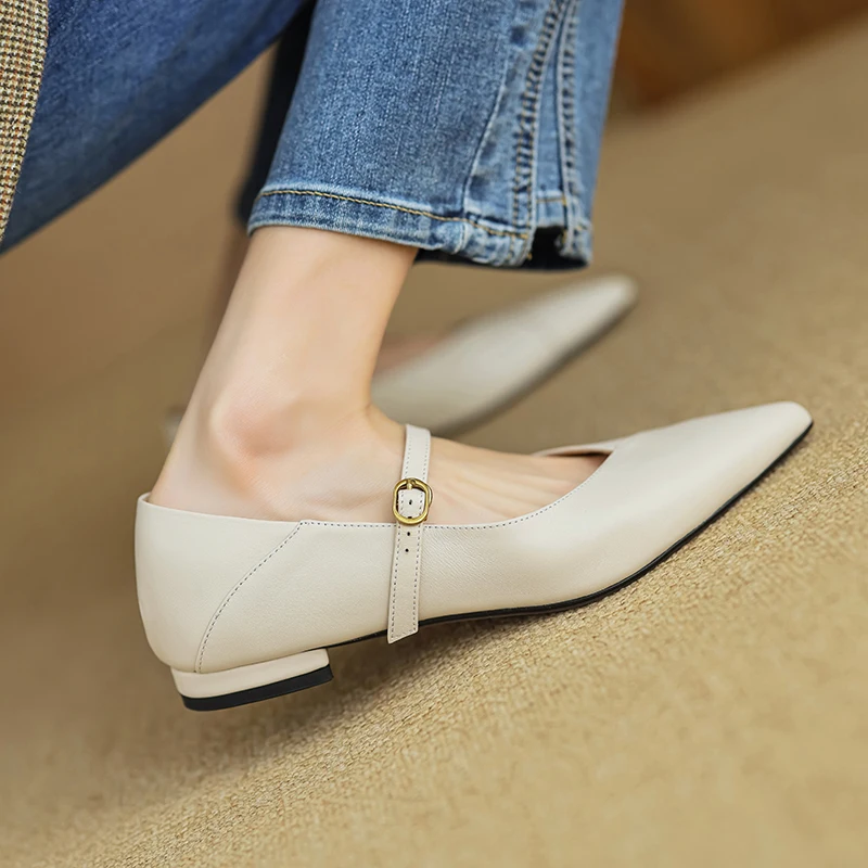 Pointed Toe Simple Shoes Women Flats  French Style  One Strap Sheepskin Women Shoes New Spring Atumn Slip On Simple Shoes