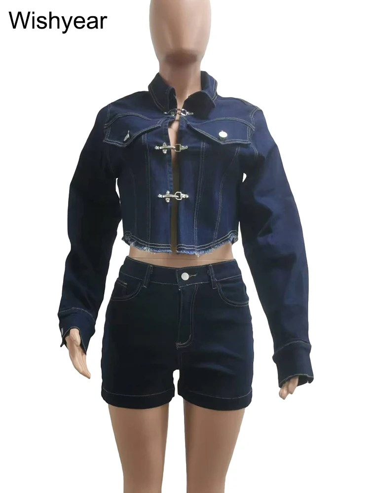 Autumn Winter Stretch Denim Two 2 pieces Pants Women Set Lapel Collar Jacket Tops And Shorts Female Jean Outfits Matching Suits