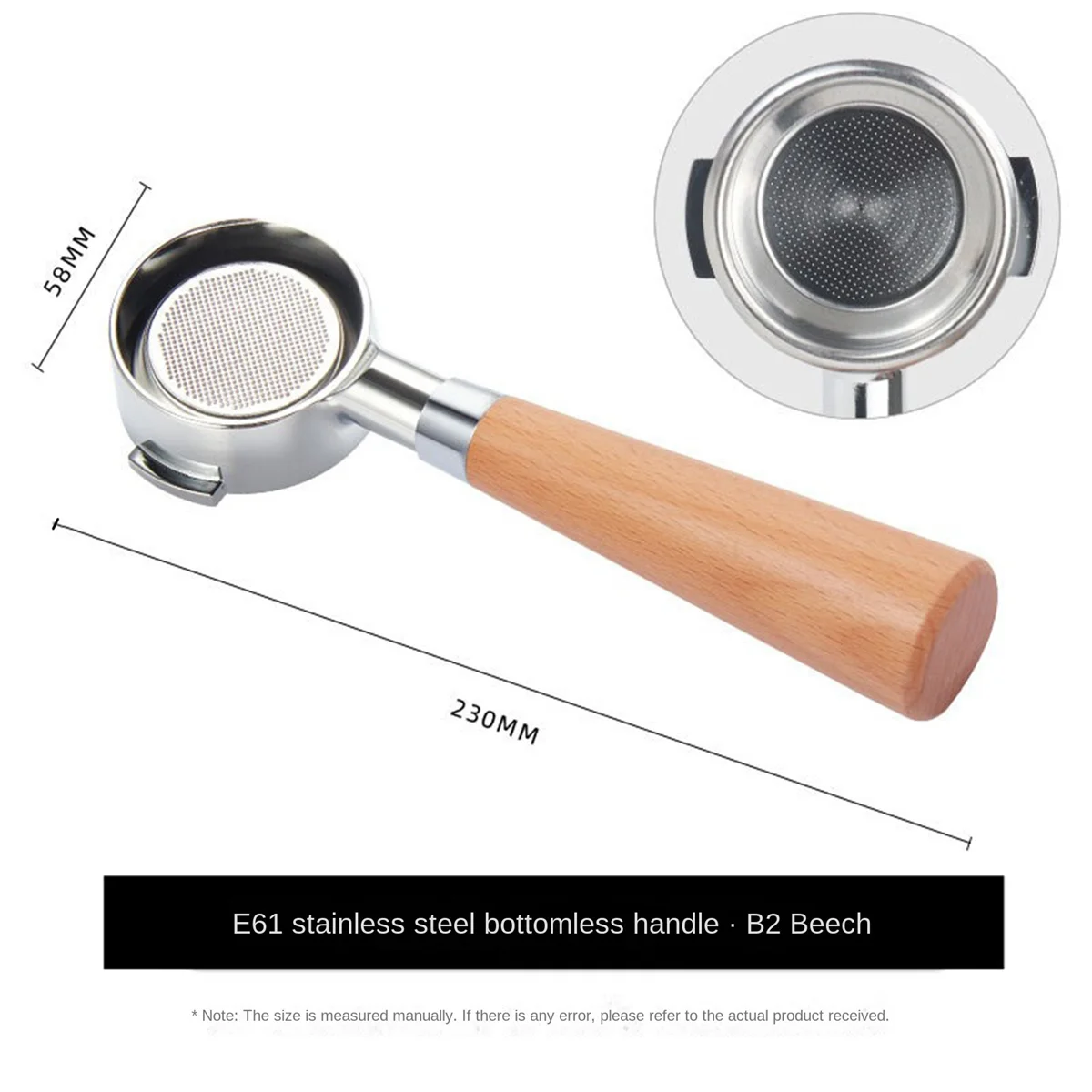 A58E-58MM orelha dupla máquina de café bottomless portátil suporte filtro e61 alça madeira acessório madeira clara