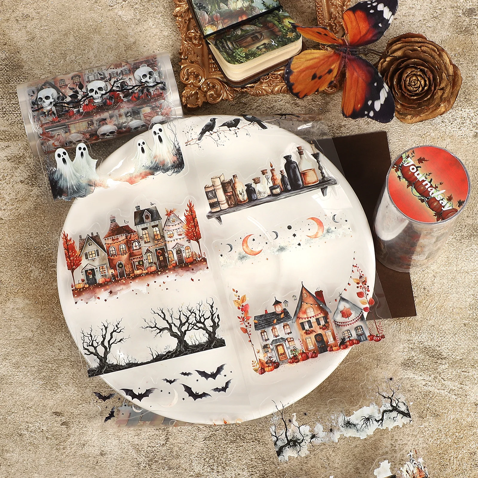 80mm*200cm Vintage Halloween House Pumpkin Ghost Landscape PET Tape Creative Journal Material Collage Scrapbooking Stationery