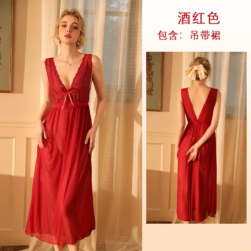 Sexy Suspender Nightgown Female Sleepwear Women Lace Nightdress Loungewear Summer Chiffon Nighty Gown Homewear