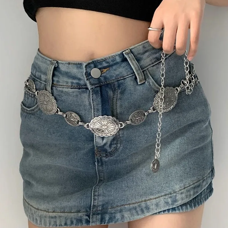 

Bohemian Waist Chain Belt Western Cowgirl Adjustable Concho Silver Sweater Chain Waist Body Metal Decor Accessories for Women