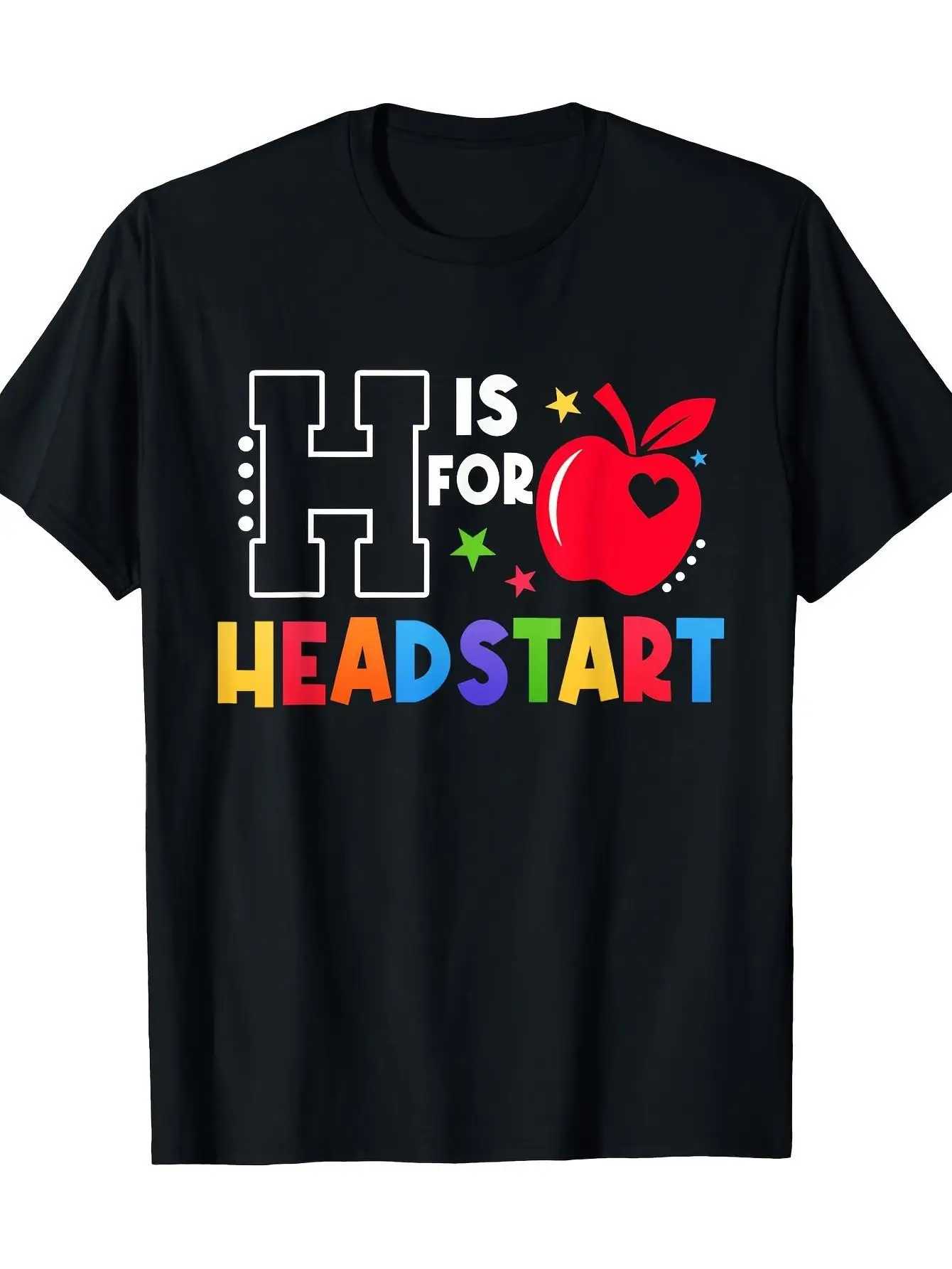 Men's black T-shirt - H Is for Headstart Apple pattern, colorful lettering, casual round-neck T-shirt, suitable for all seasons, everyday T-shirt with fun design and comfortable fit