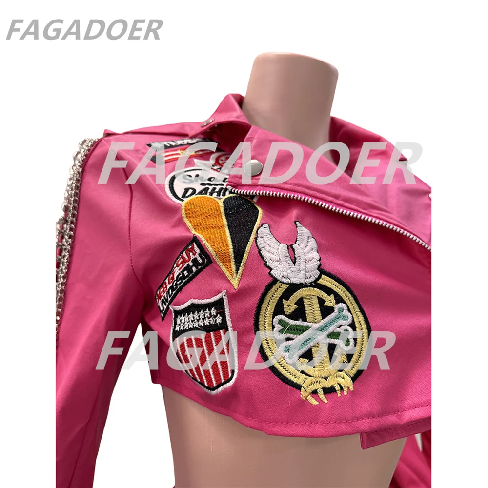 FAGADOER Y2K Rose Pink Leather Jacket Women Punk Moto Coat Lapel Chain Patchwork Cropped Jackets Hot Girl Autumn Winter Outwear