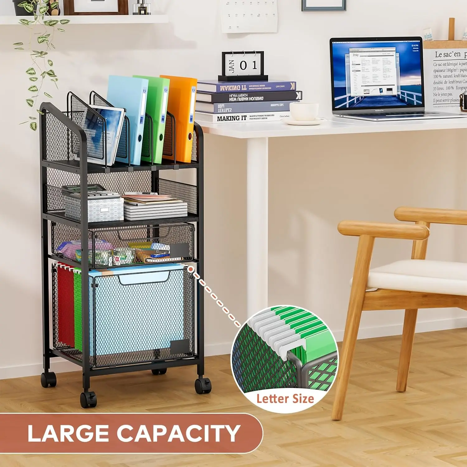 Mobile 4-Tier File Cabinet with Adjustable Dividers, Lockable Wheels for Home Office Storage
