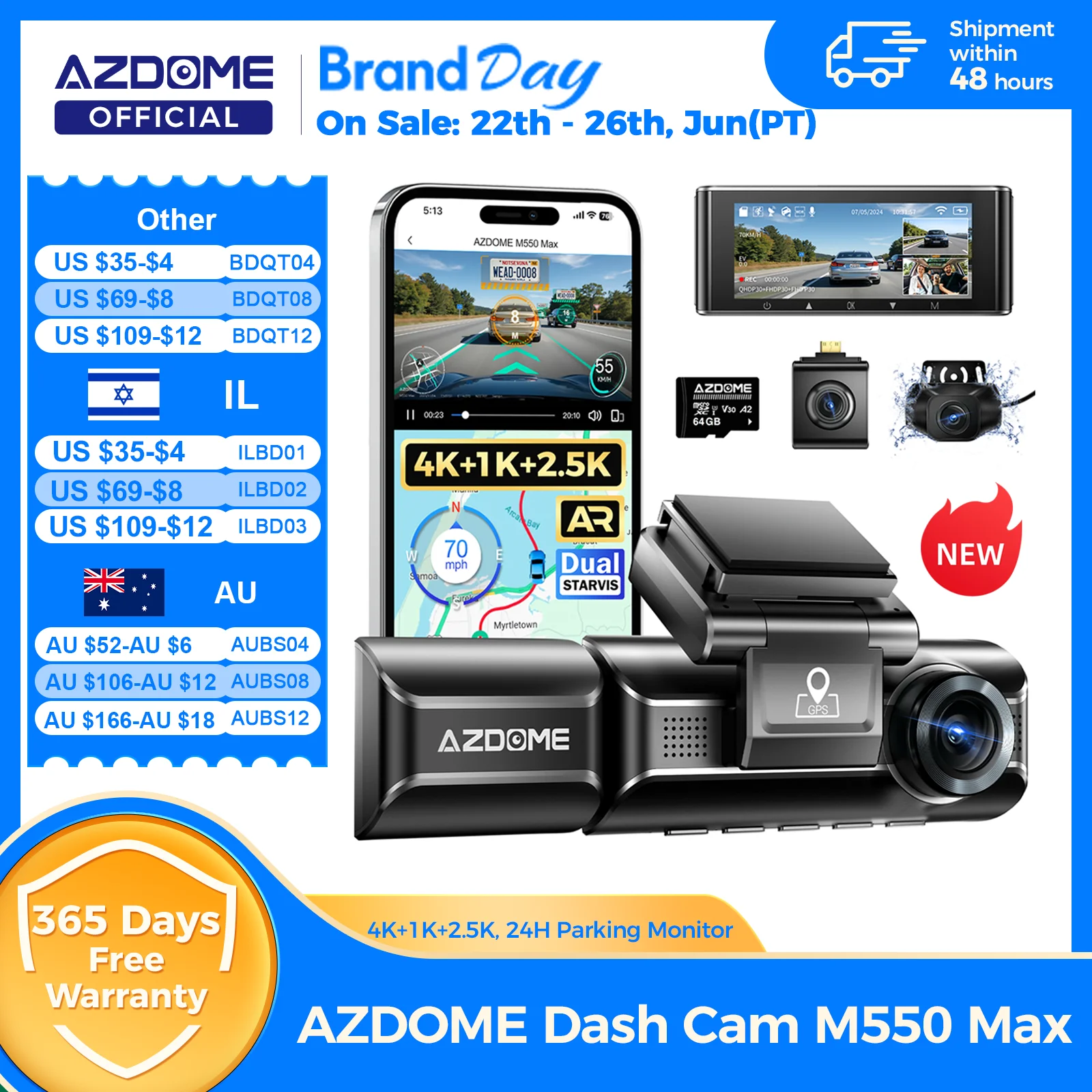 AZDOME M550 맥스 대시캠 4K+1K+2.5K 내장 GPS WiFi 150도 시야각 차량용 카메라 24시간 주차 모니터...