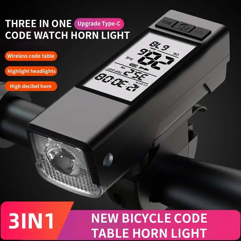 Bicycle Computer Light Waterproof LED Odometer Headlight with LCD Display Speedometer and Horn