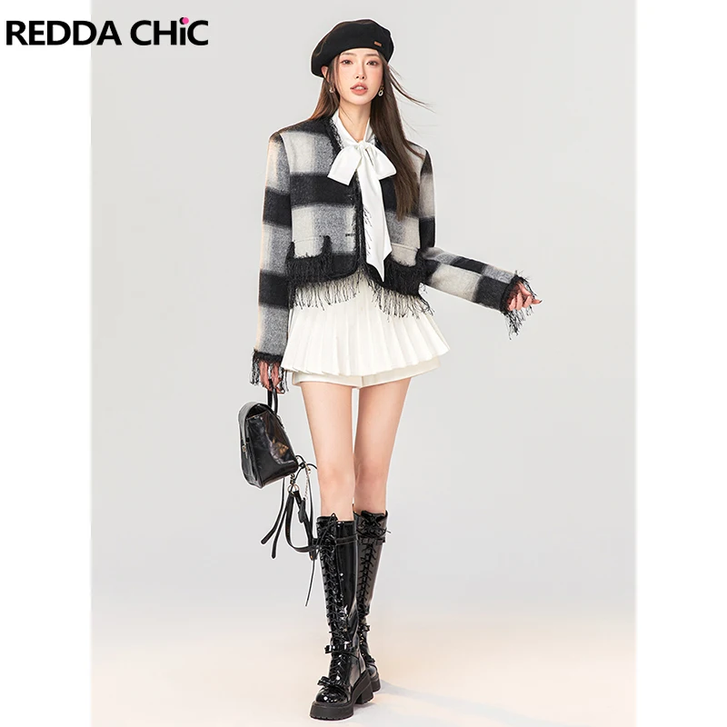 

ReddaChic Collision Striped Tweed Cropped Jacket Women Winter Coat Tassels Trim V-neck Long Sleeves Y2k Retro Korean Outerwear