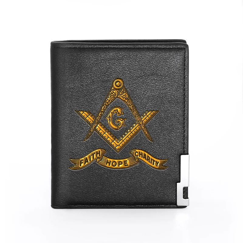 Classic Fashion Freemasonry Master Mason Theme Cover Men Women Leather Wallet Billfold Slim Credit Card Holders Short Purses