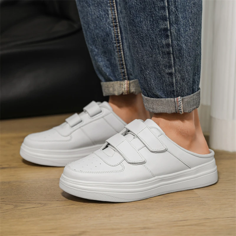 Leather Mules Men Closed-toe Sandals Casual Board Shoes Summer Slides Slip-On Flats Backless Loafers Slippers Half Shoes For Men