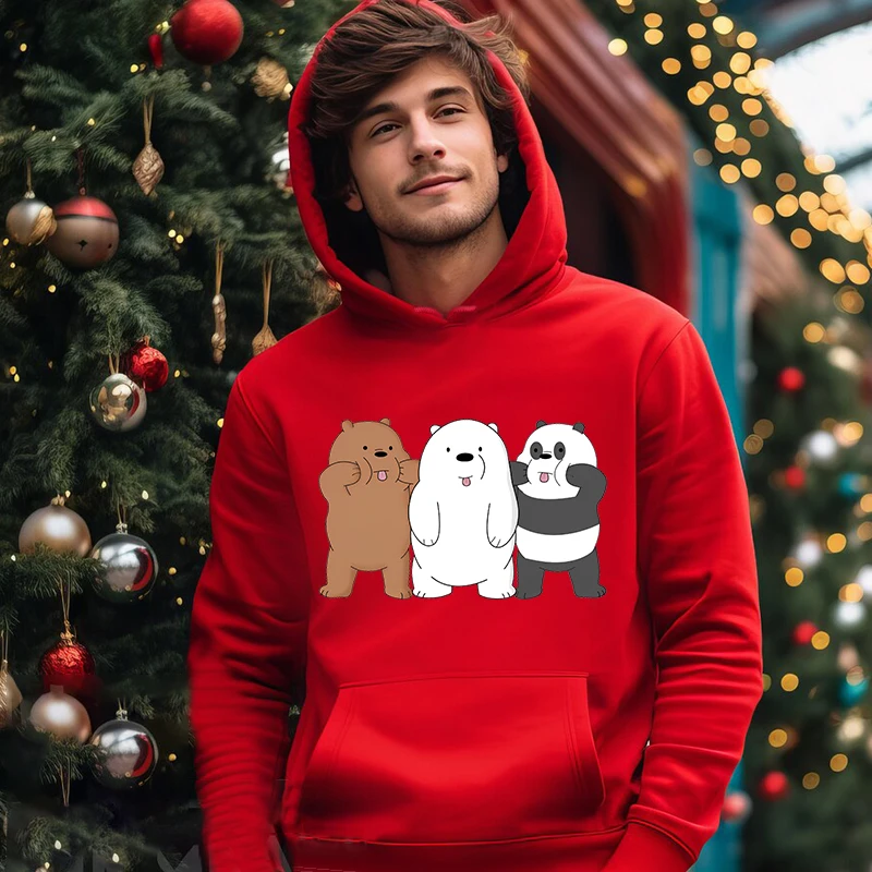 We Bare Bears Panels Printed Men's Autumn and Winter Hoodie Plus Velvet Sports Sweater Loose Men's Clothing