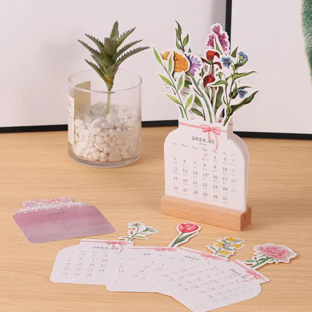 2024 Bloomy Flower Desk Calendar with Wooden Base Card Type 12 Months Jan to Dec Desktop Calendar Decoration 1pcs