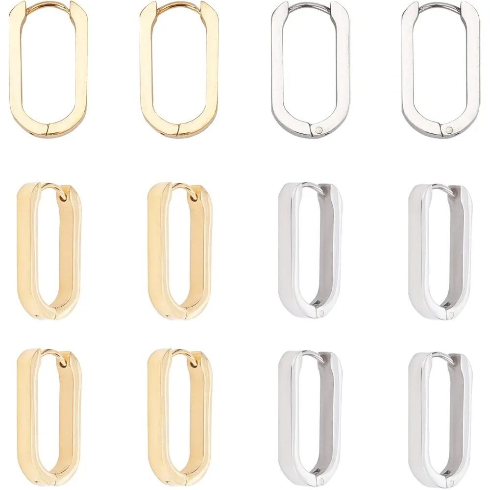 12pcs Stainless Steel Huggie Hoop Earrings 21mm Long Oval Endless Hoop Earrings 2 Colors Hypoallergenic Huggie Earrings Sleepers