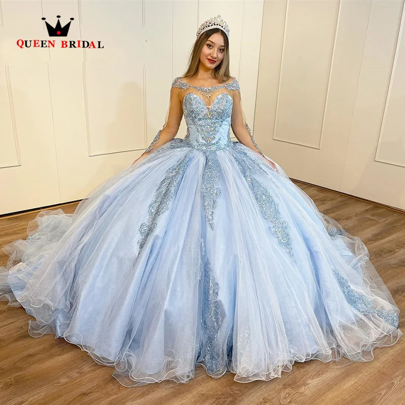 Hellblaue quinceañera kleider ballkleid exquisite perlen applikationen lange ärmel vestido de 15 anos schnürung maßge schneiderte lj66m