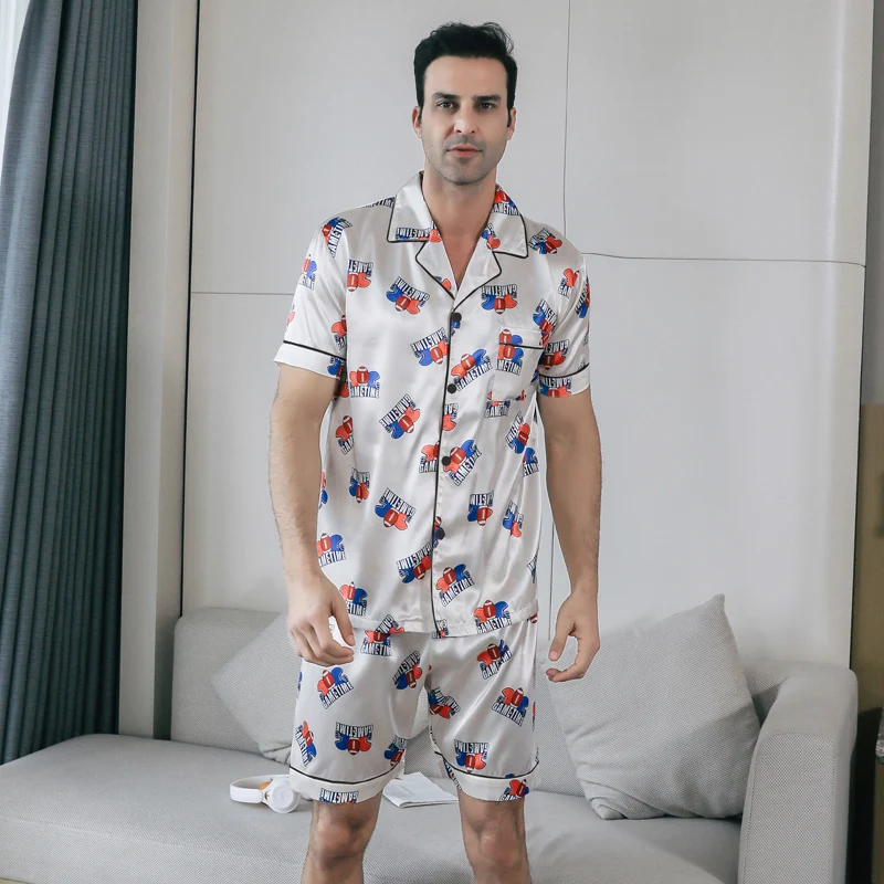 Pijama de seda de gelo masculino, casaco fino casual, pode ser vestido como conjunto, roupa de casa, verão