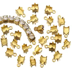 50PCS Stainless Steel Gold Cup Chain Crimp Connectors End Clasp Tips with Loop for Iced Out Rhinestone Chains Jewelry Making