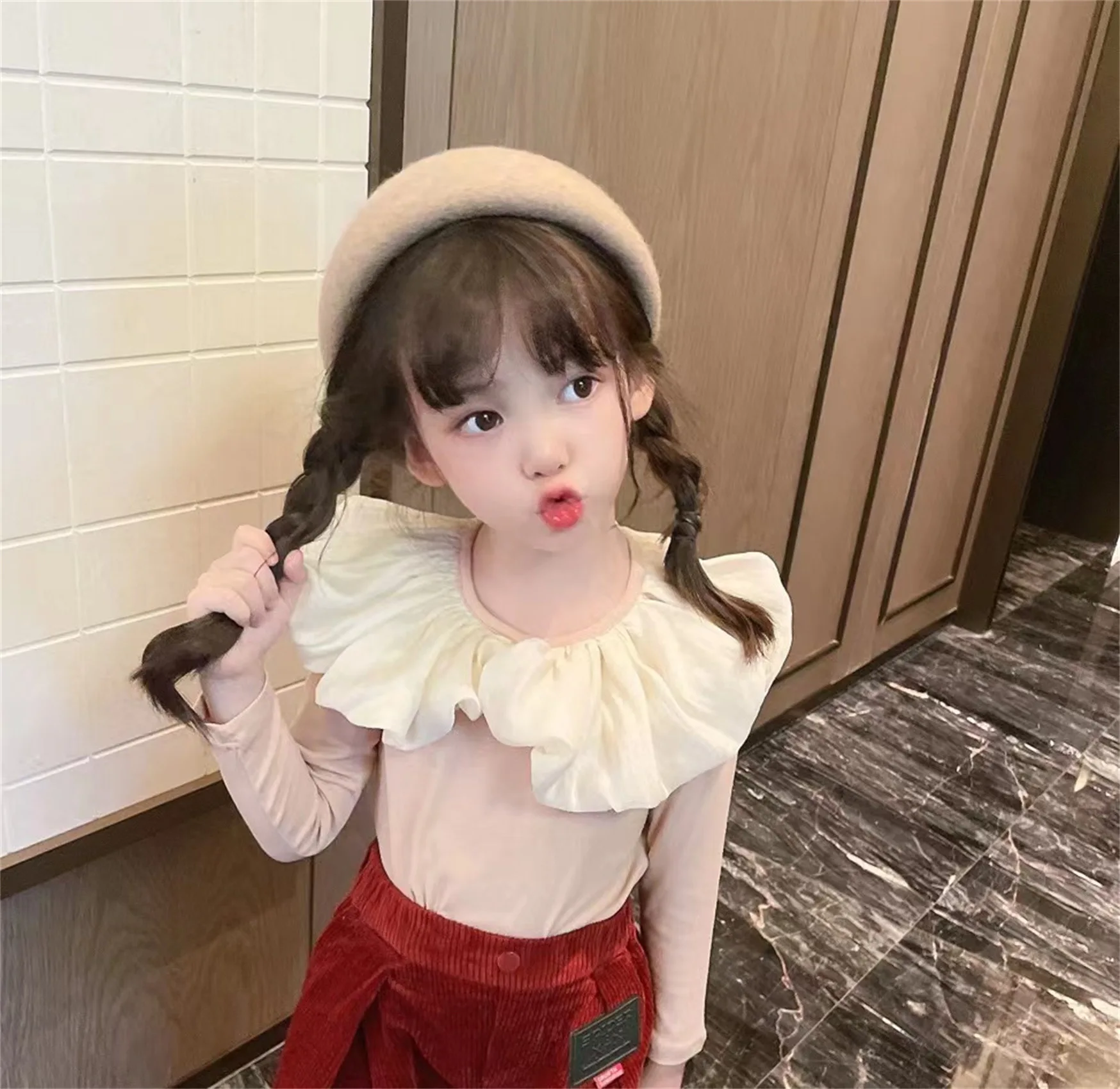 Autumn New Girls' Long Sleeve T-Shirt Children Fashion Cute Versatile Top Big Polo Collar Baby Kids Solid Color Underlay Shirt