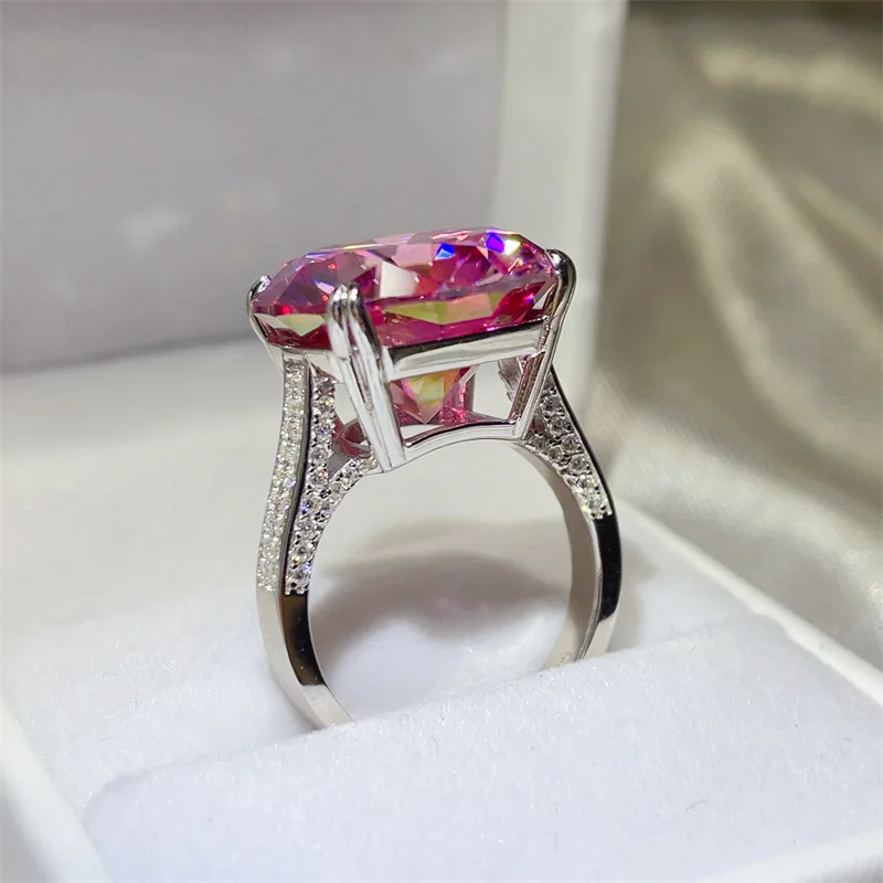 New 20 Carat Pink Moissanite Diamond Rings s925 Silver 18mm Big Moissanite Engagement Ring Plate 18k White Gold Fine Jewelry GRA - Detail 1