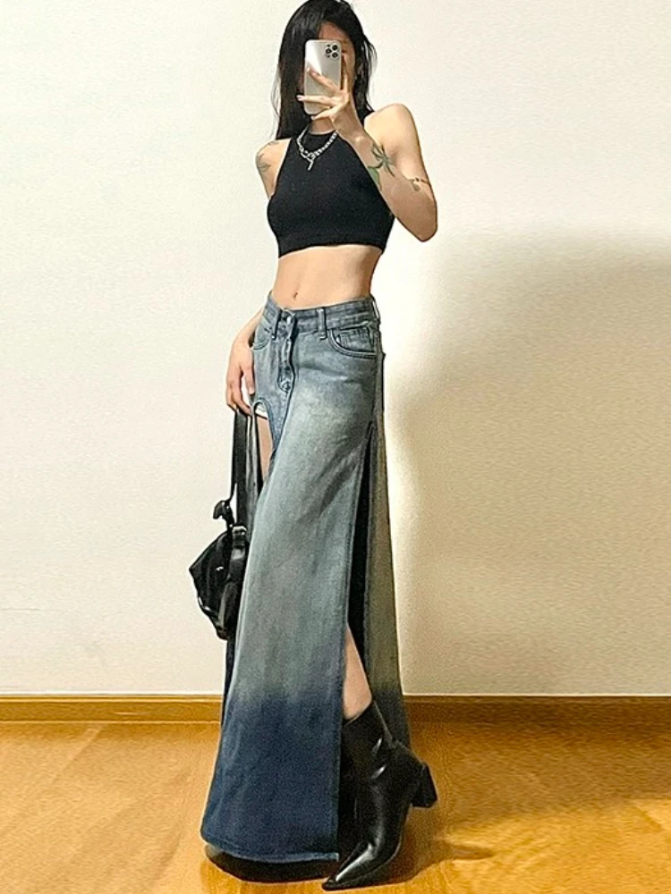 Denim Skirts Women Asymmetrical Creativity Slit Summer Midi Faldas Korean Style New All-match Retro Ladies Stylish Casual Design