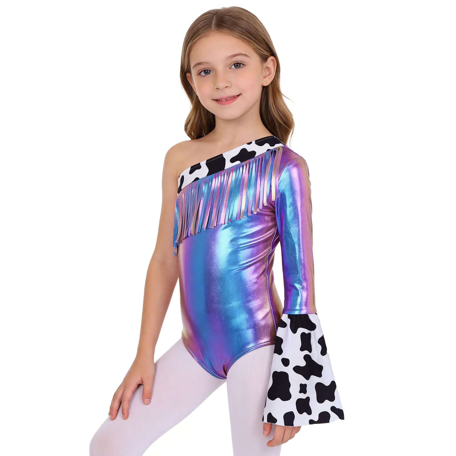 

Kids Girls Western Cowgirls Dress Up Costume Metallic Long Flare Sleeve Fringed Leotard Crotch Press Buttons Bodysuit Jumpsuit