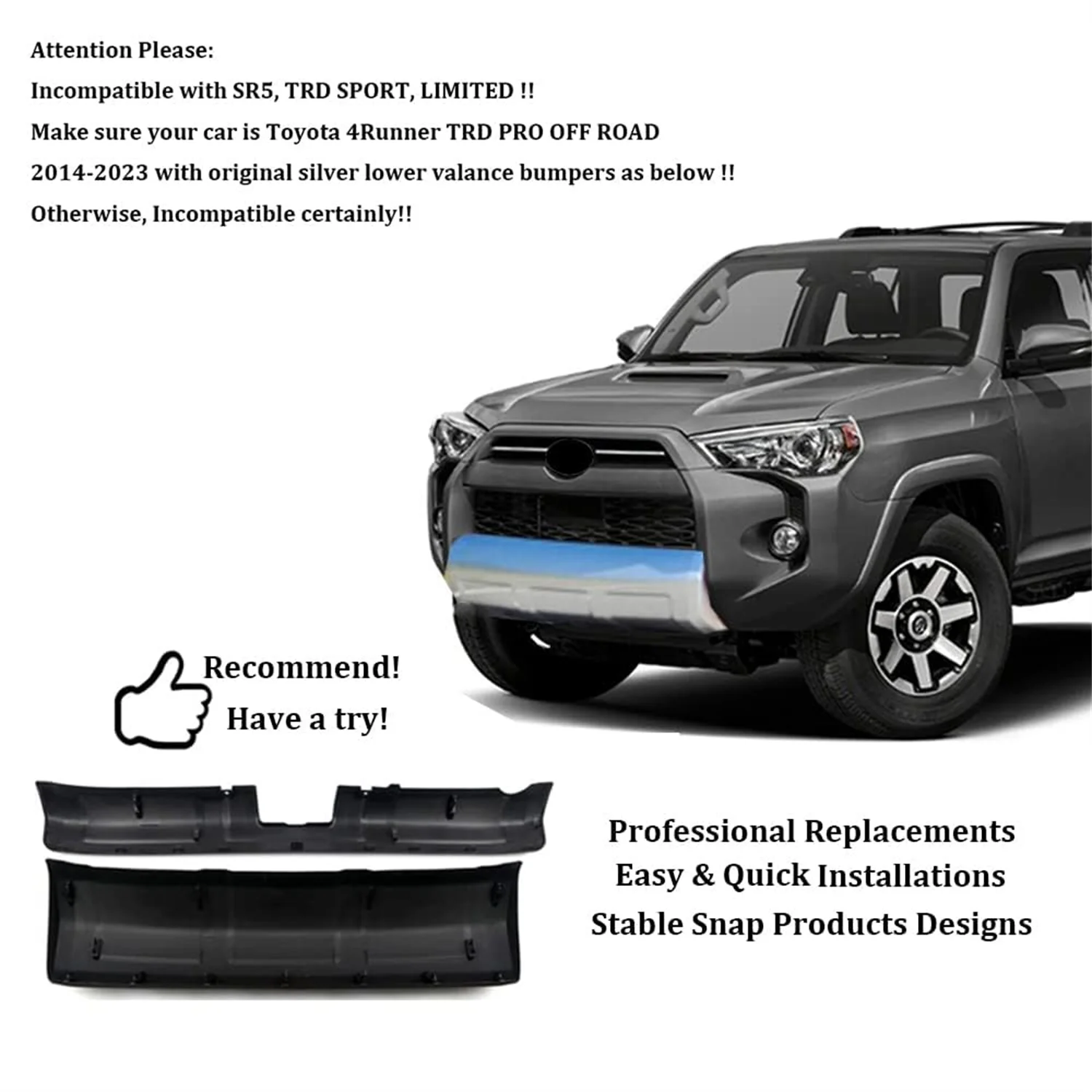 Nero opaco anteriore posteriore inferiore Valance pannello paraurti sostituzione accessori auto esterni 2 pezzi per Toyota 4runner 2014-2023