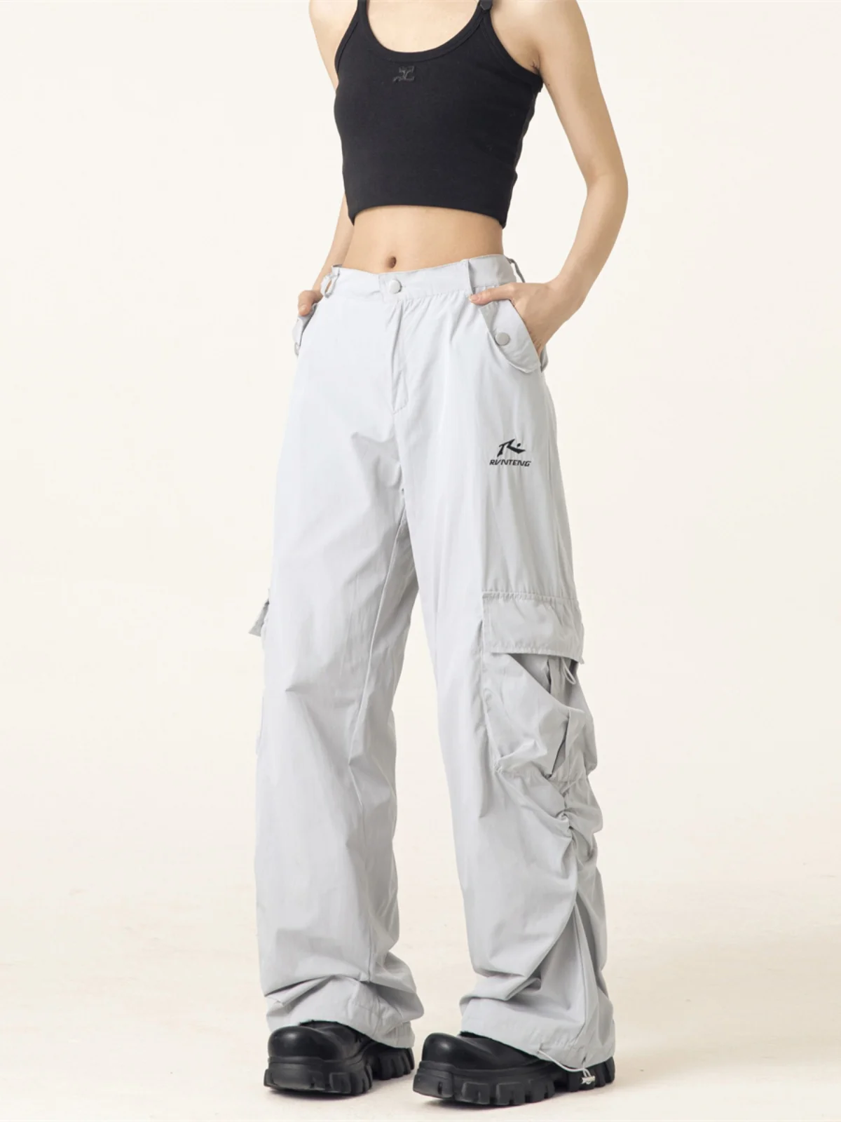 

Ice Silk Work Trousers for Women Summer Thin Wide Leg Casual Pants Dance Pleated Street Sle l Waist Long Pants