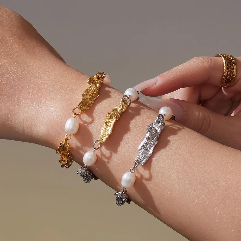 

Joolim Jewelry Wholesale High End PVD Waterproof Fashion Chunky Freshwater Pearl Irregular Stainless Steel Bracelet for Women