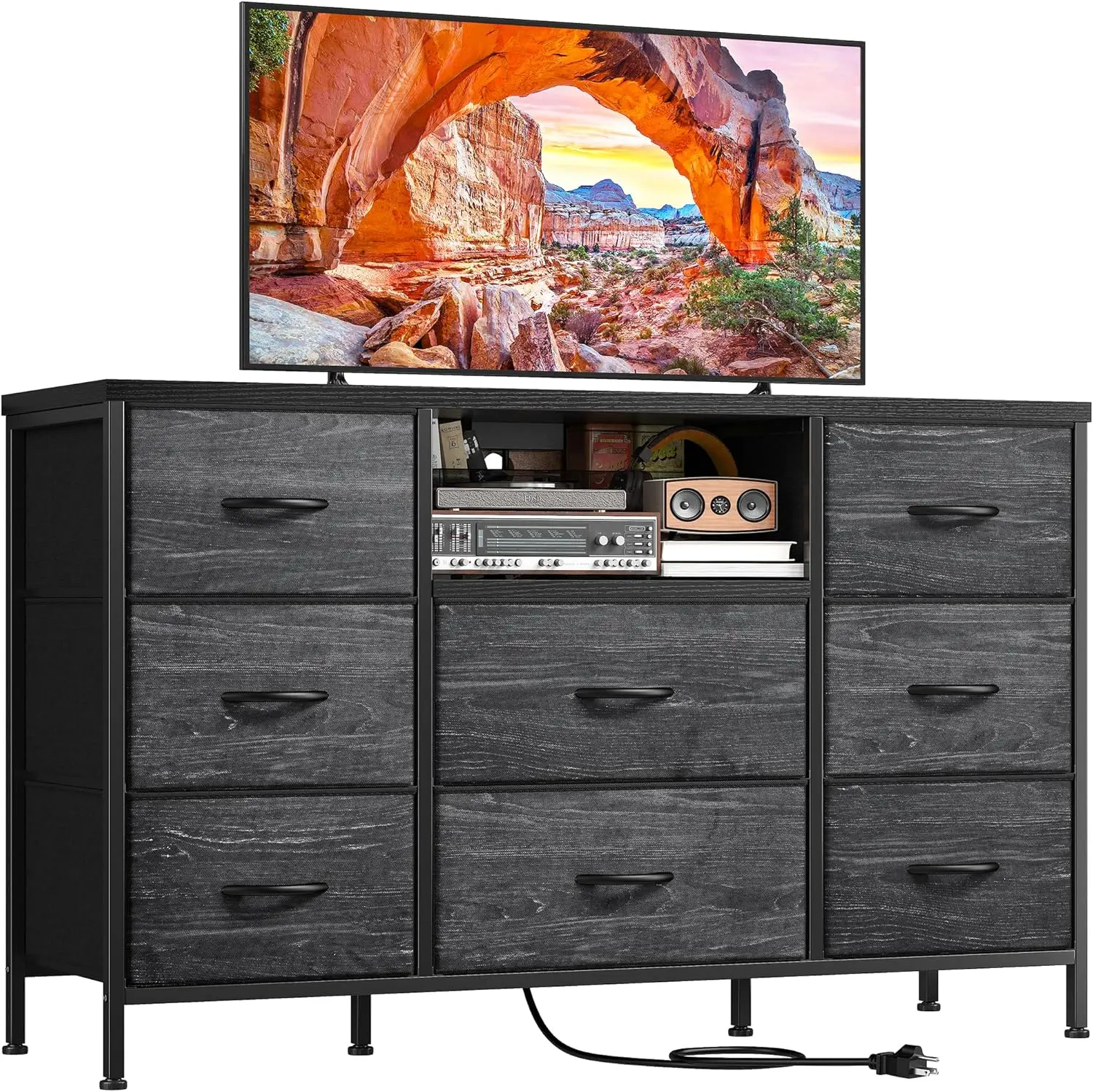 Supporto TV con presa di corrente centro di intrattenimento con 8 cassetti profondi in tessuto Console multimediale per cassettiera portaoggetti larga TV da 55"