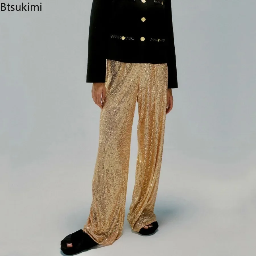 2025 Pantaloni svasati con paillettes da donna Pantaloni dritti con bling Pantaloni a vita alta solidi da donna Pantaloni da sera moda streetwear