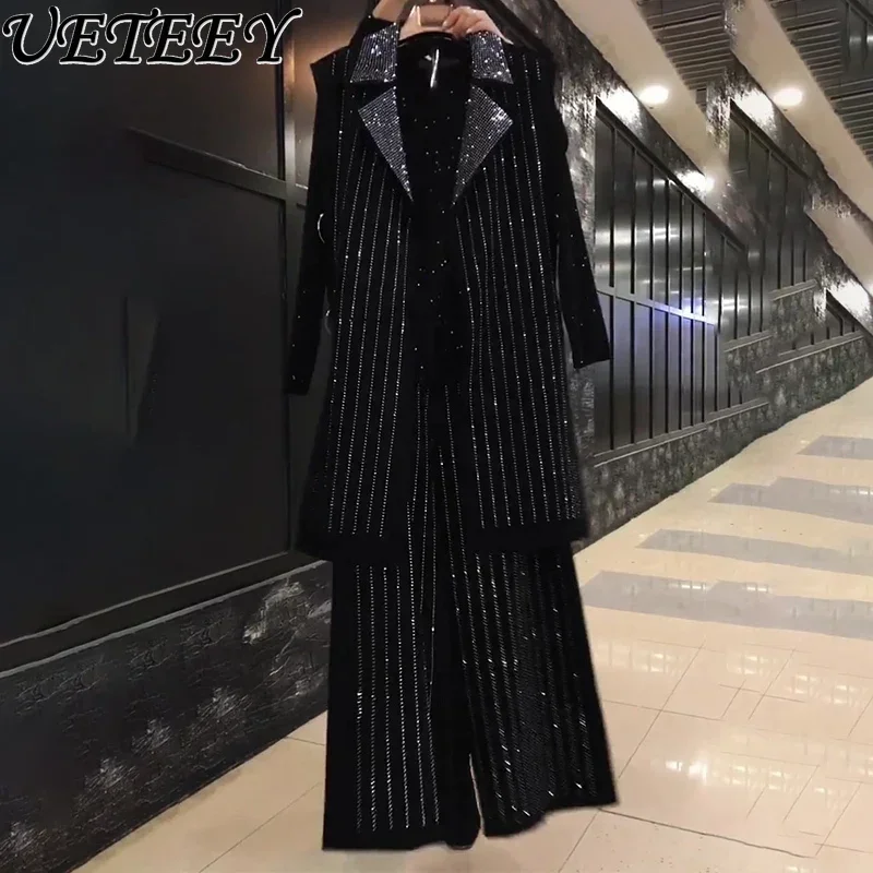 Oversized Women's Clothing Autumn New Mid-Length Loose Sleeveless Vest Wide Leg Pants Streetwear Heavy Diamond 3pcs pants Suit