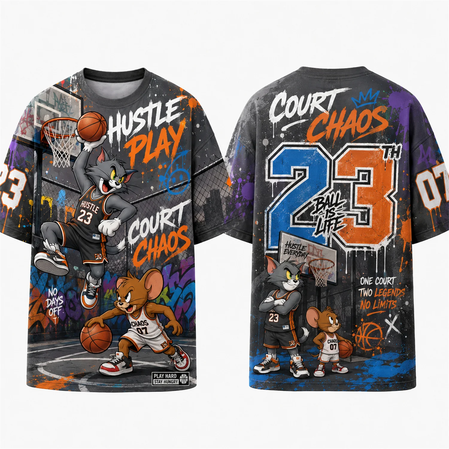 Skateboard Tom And Jerry Graffiti Print Loose Short Sleeve T Shirt For Men Women Fans Soft Cotton Street Hip Hop Casual Daily We view 3