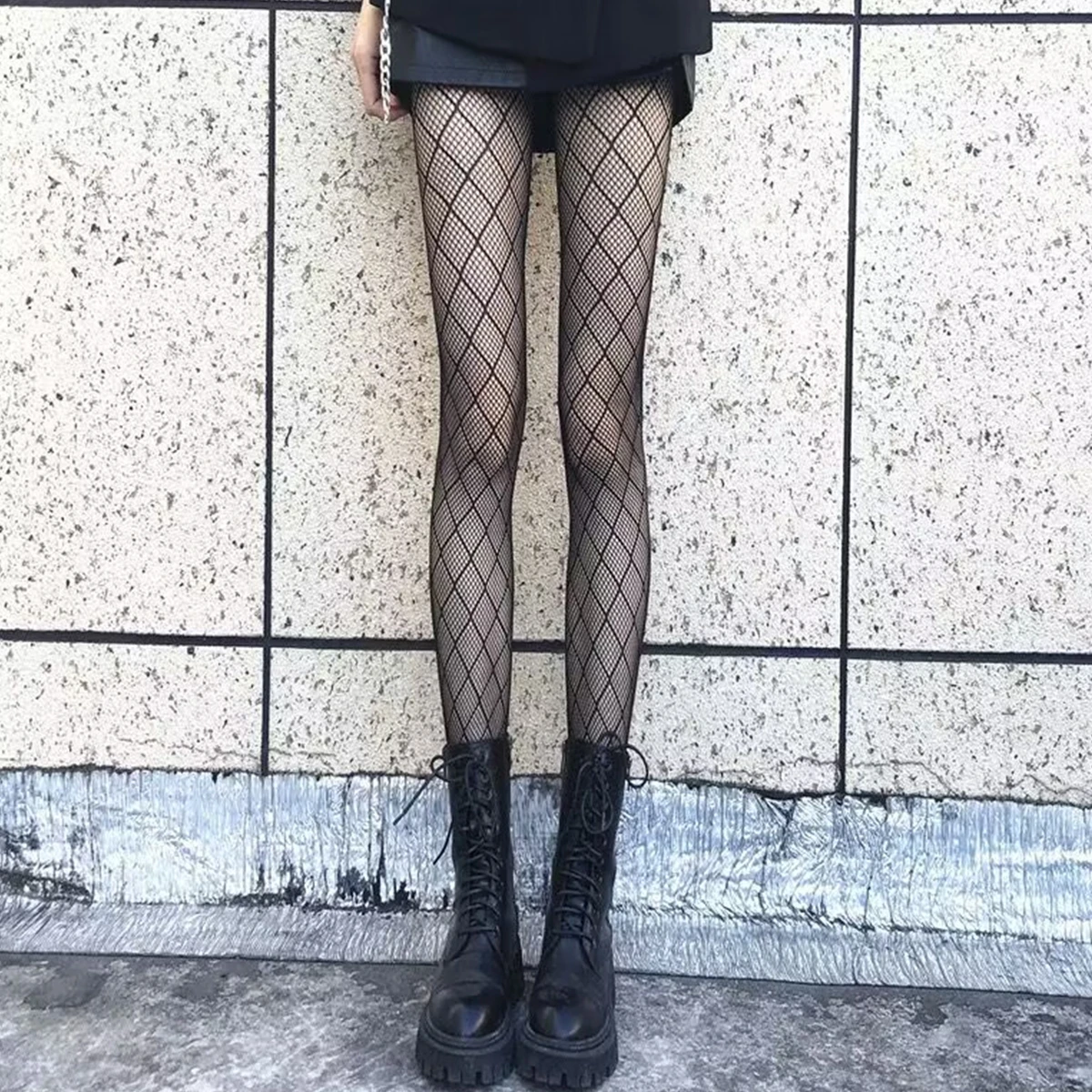 Grid Patchwork Rhomboid Mesh Low Waist  Party Woman Tights Female Korea Twerk Funky Pantyhose Vintage Cozy Slim Skin Color