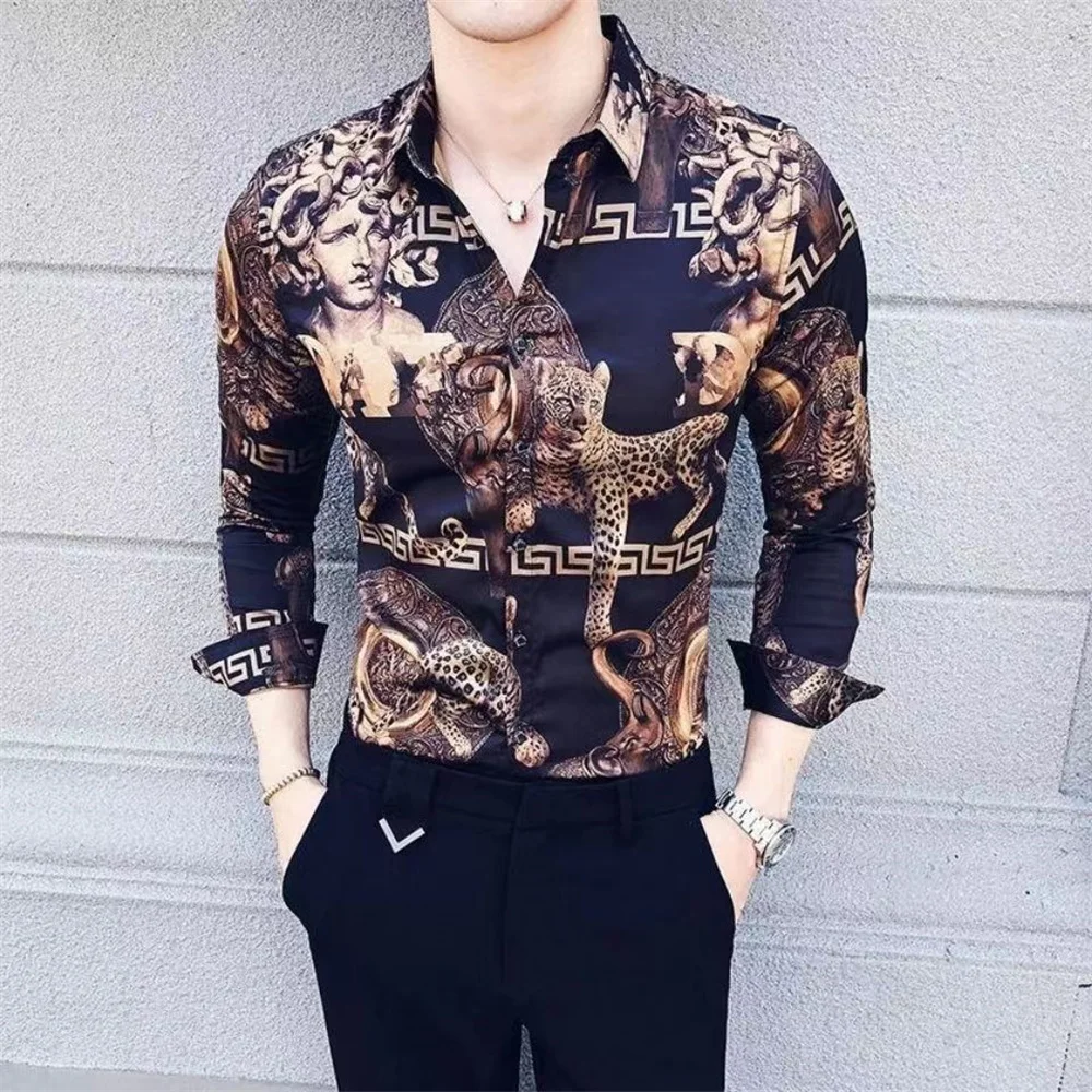 

2024 autumn new personalized printed long-sleeved shirt male Korean version slim-fit British trend hair stylist floral shirt