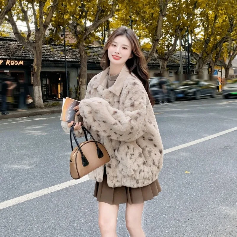 Chic Women Leopard Faux Lamb Fur Coat Lapel Fluffy Warm Winter Jacket For Petite