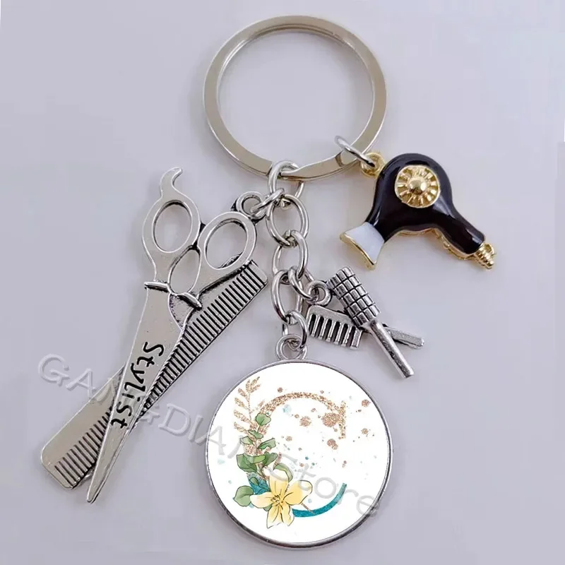 DIY Hair Stylist Essential Hair Dryer Scissors Comb Decorative Keychain Hair Stylist Gift Hair Dryer A-Z Floral Letter Keyring